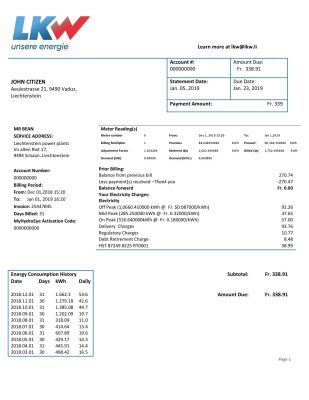 Liechtenstein Ische Kraftwerke (LKW) electricity utility bill template in Word and PDF format