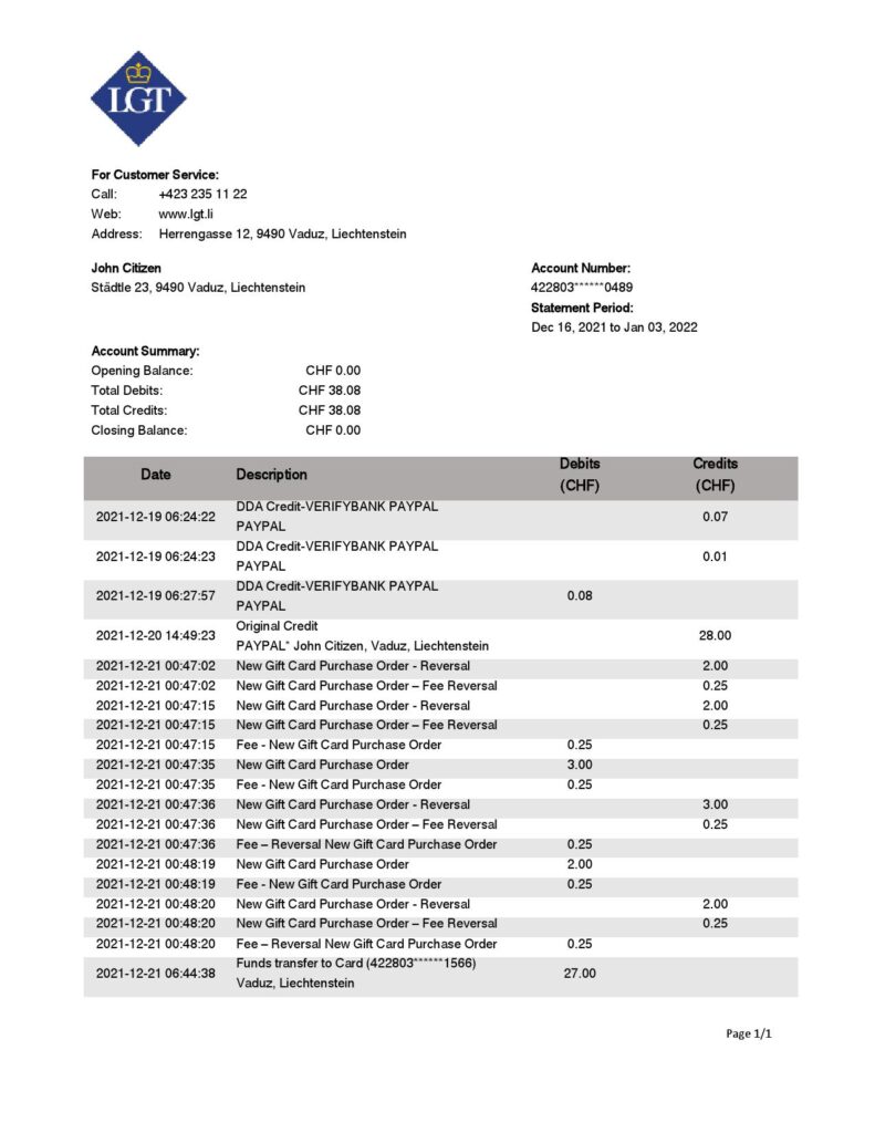 Liechtenstein LGT bank statement template in Word and PDF format