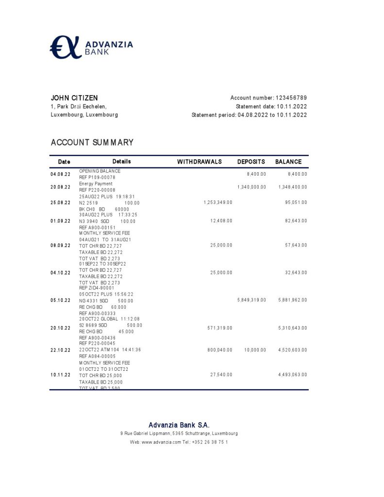Luxembourg Advanzia bank statement Excel and PDF template
