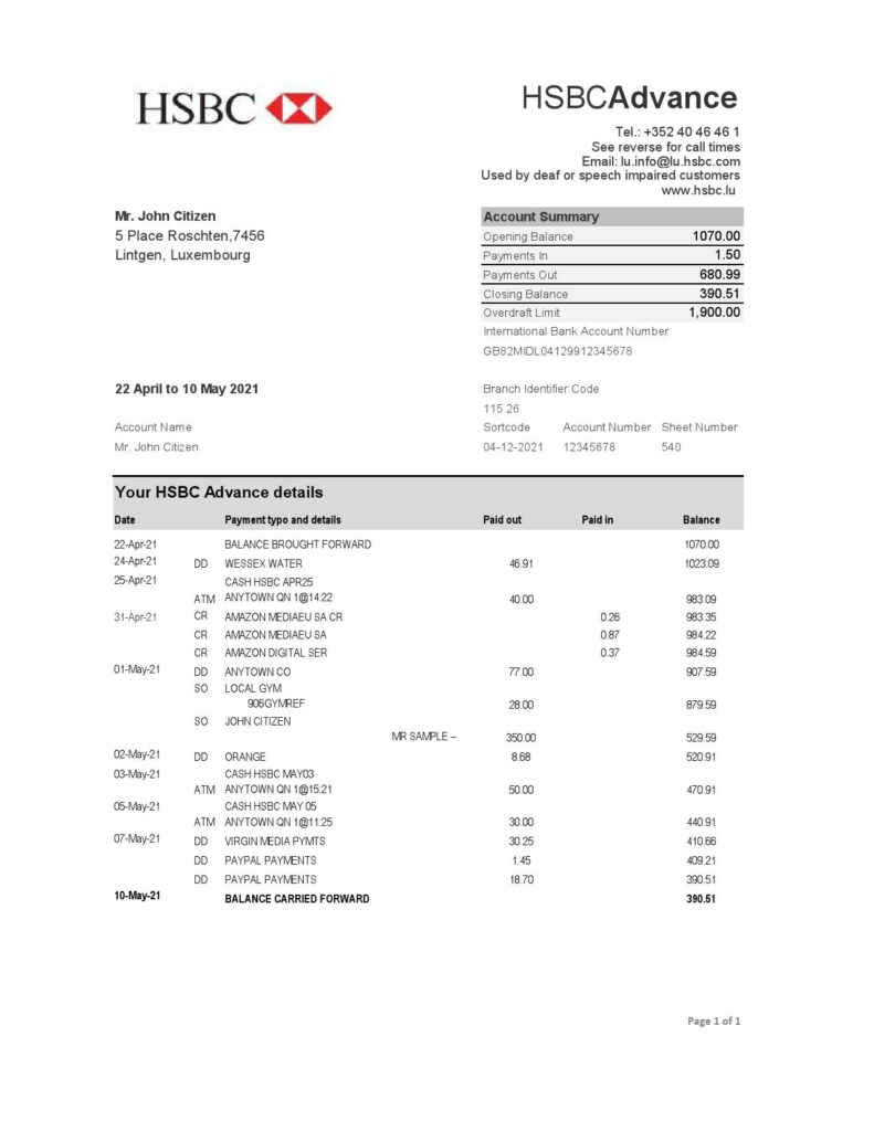 Luxembourg HSBC bank statement easy to fill template in Excel and PDF format
