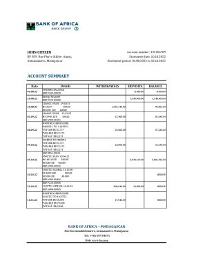 Madagascar Bank of Africa bank statement Excel and PDF template