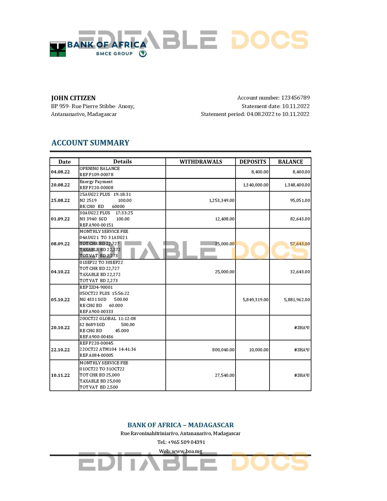 Madagascar Bank of Africa bank statement Excel and PDF template