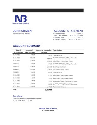 Malawi National Bank of Malawi bank statement Excel and PDF template