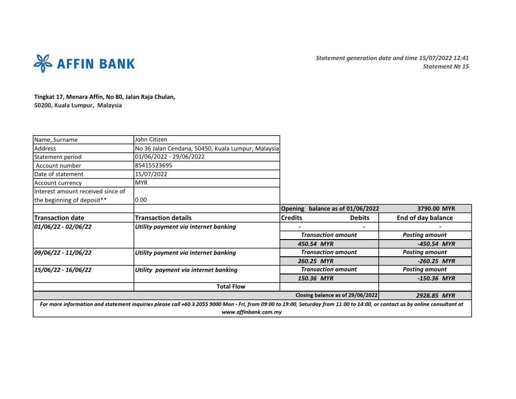 Malaysia Affin Bank statement Excel and PDF template