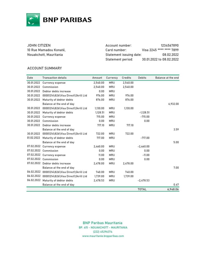 Mauritania BNP Paribas bank statement Excel and PDF template