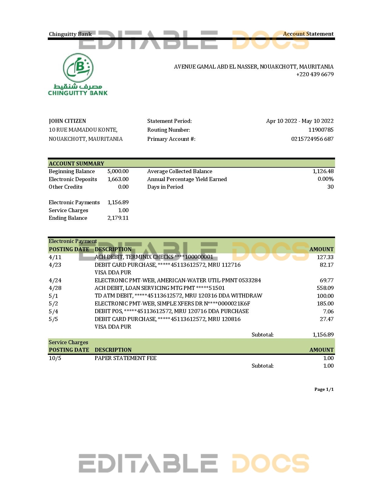 Mauritania Chinguitty bank statement Excel and PDF template