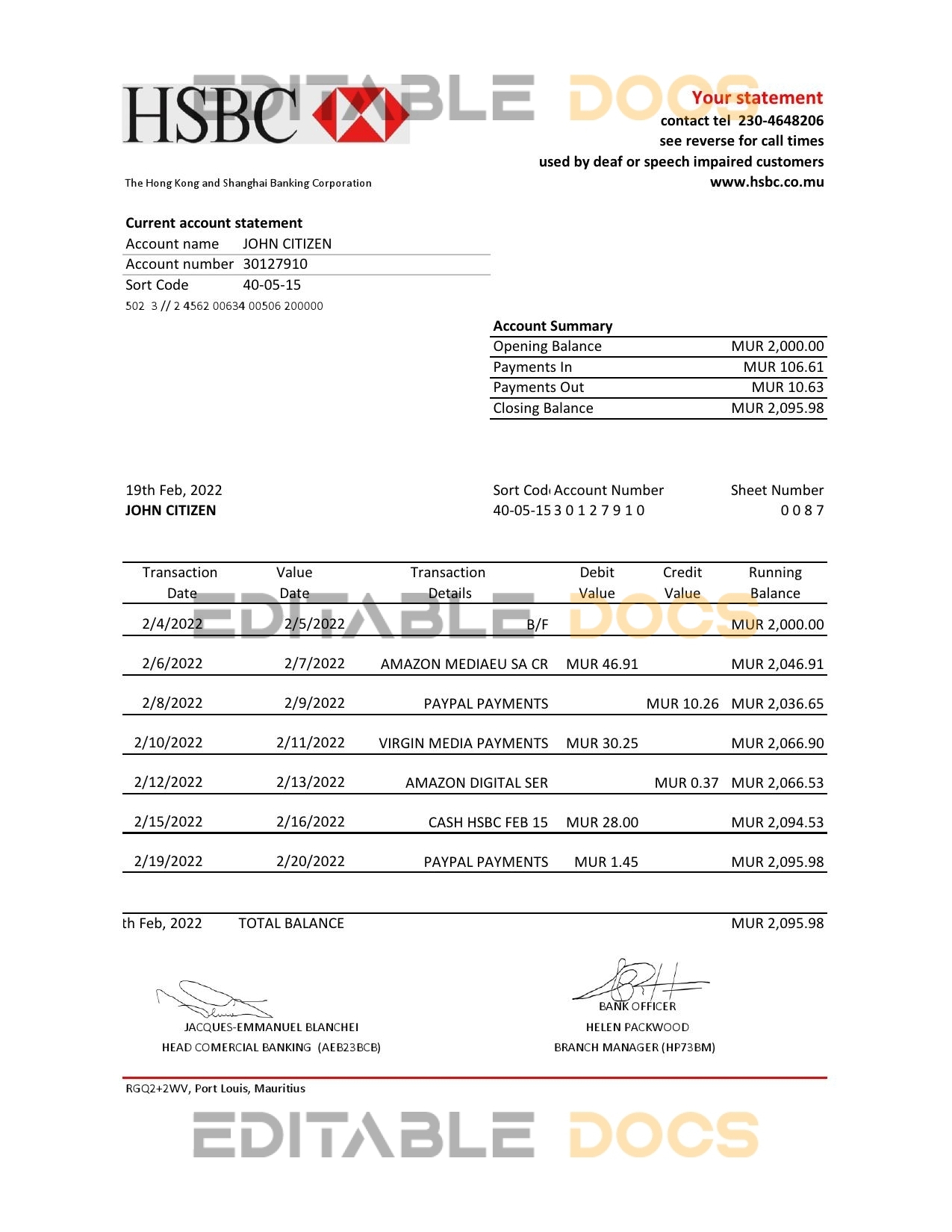 Mauritius HSBC bank statement Excel and PDF template