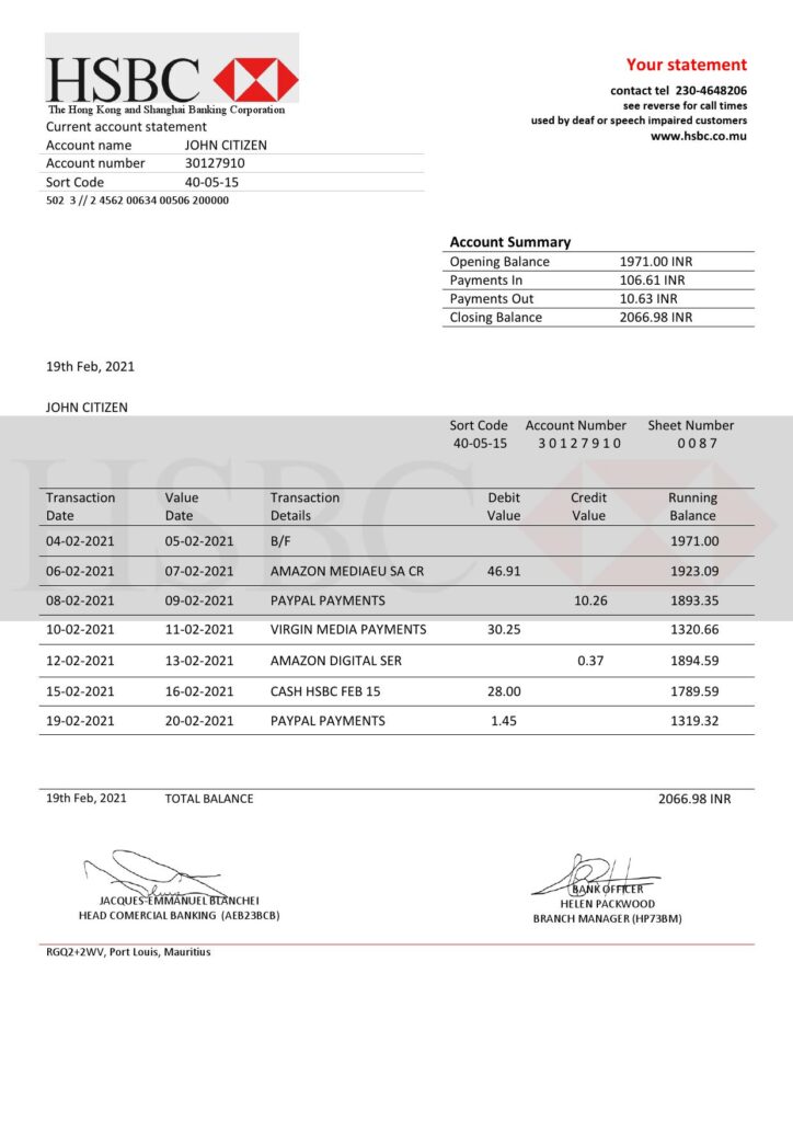 Mauritius HSBC bank statement template in Word and PDF format