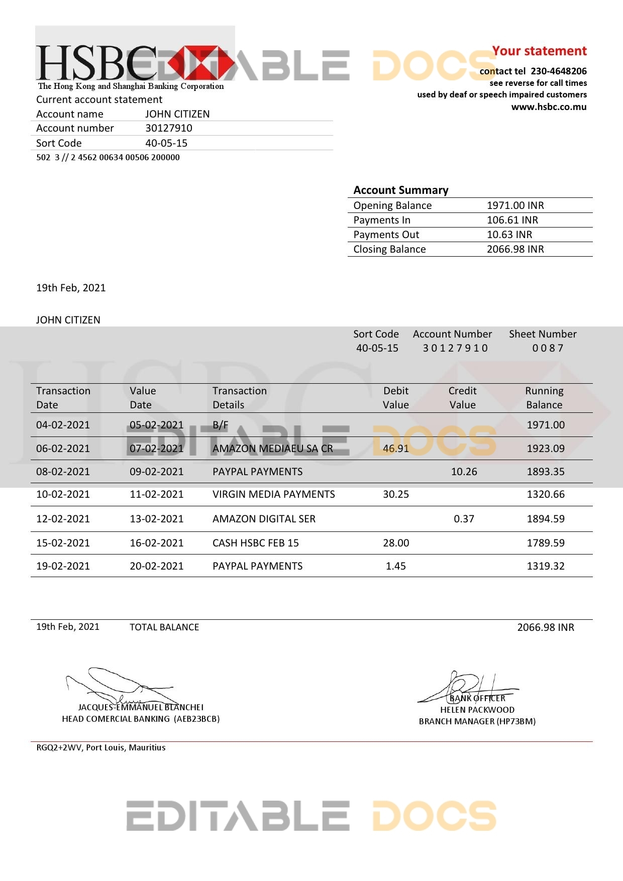 Mauritius HSBC bank statement template in Word and PDF format