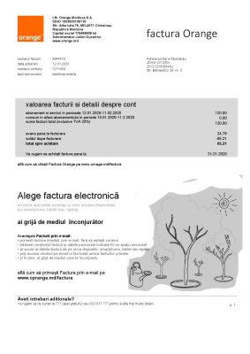 Moldova Orange utility bill template, fully editable in PSD format