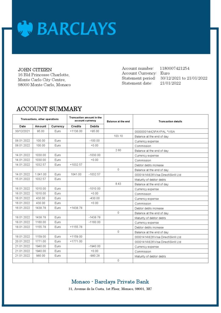 Monaco Barclays Private Bank statement easy to fill template in Word and PDF format