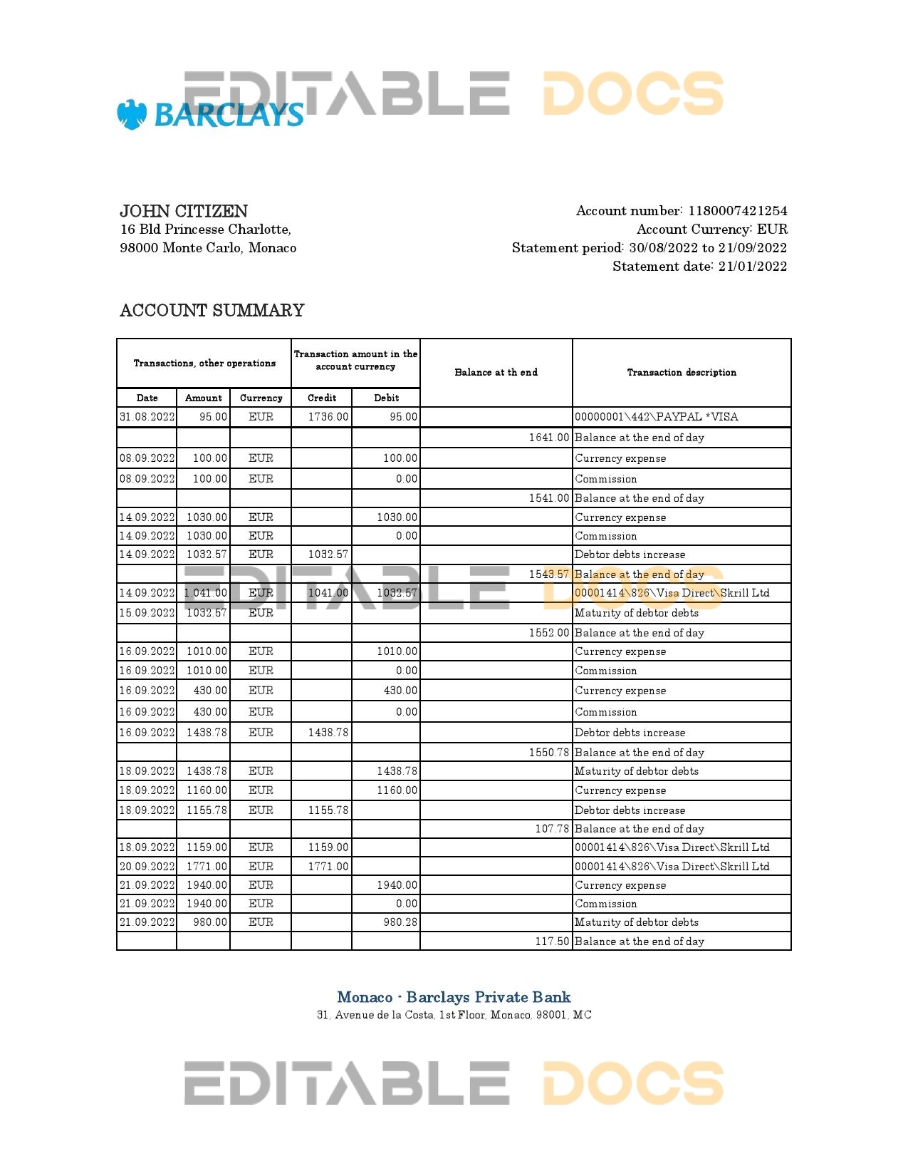 Monaco Barclays Private bank statement Excel and PDF template
