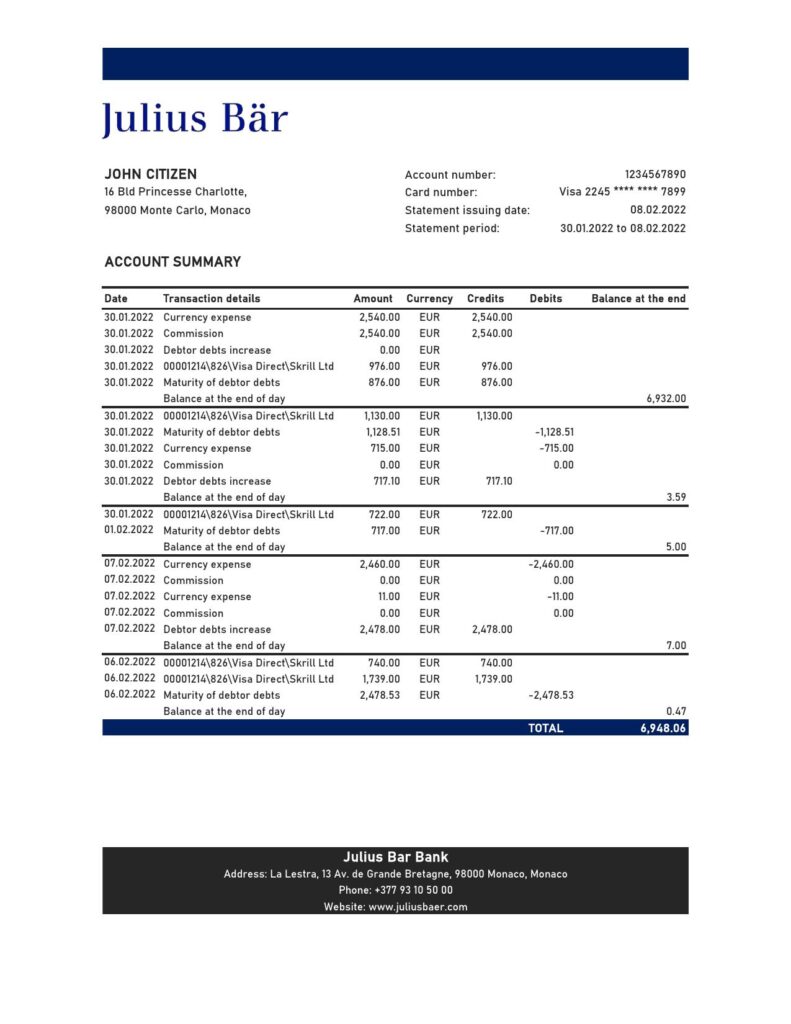 Monaco Julius Bar bank statement Excel and PDF template