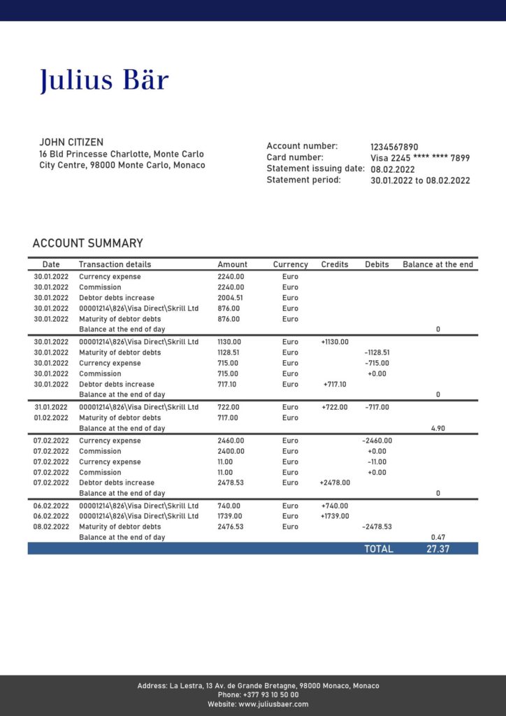 Monaco Julius Bar bank statement easy to fill template in Word and PDF format