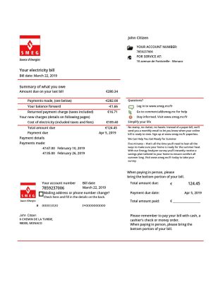 Monaco SMEG electricity utility bill template in Word and PDF format