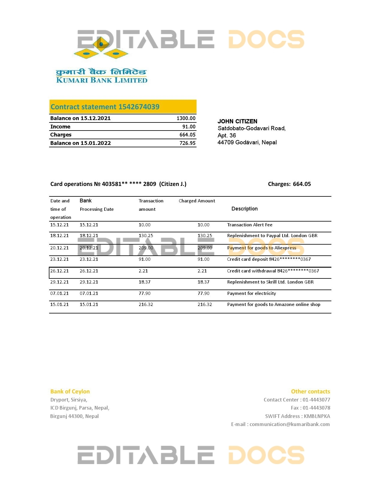 Nepal Kumari Bank statement template in Excel and PDF format