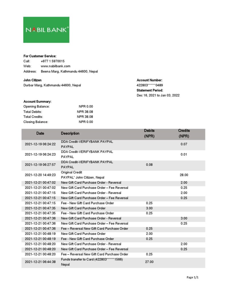 Nepal Nabil Bank bank statement template in Word and PDF format