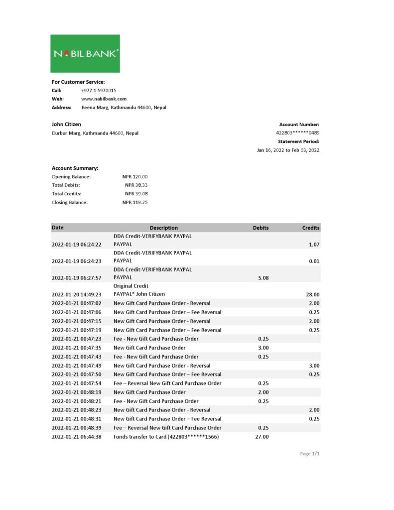 Nepal Nabil bank statement Excel and PDF template