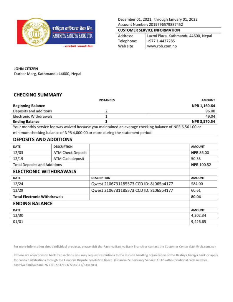 Nepal Rastriya Banijya Bank bank statement template in Word and PDF format