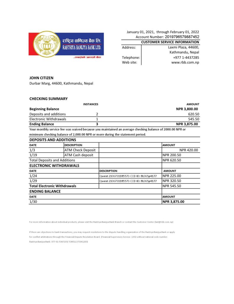 Nepal Rastriya Banijya bank statement Excel and PDF template
