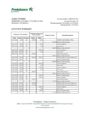 Nicaragua Banco de la Producción bank statement Excel and PDF template