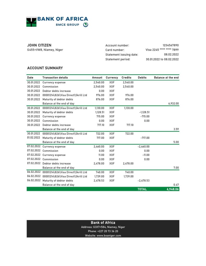 Niger Bank of Africa bank statement Excel and PDF template