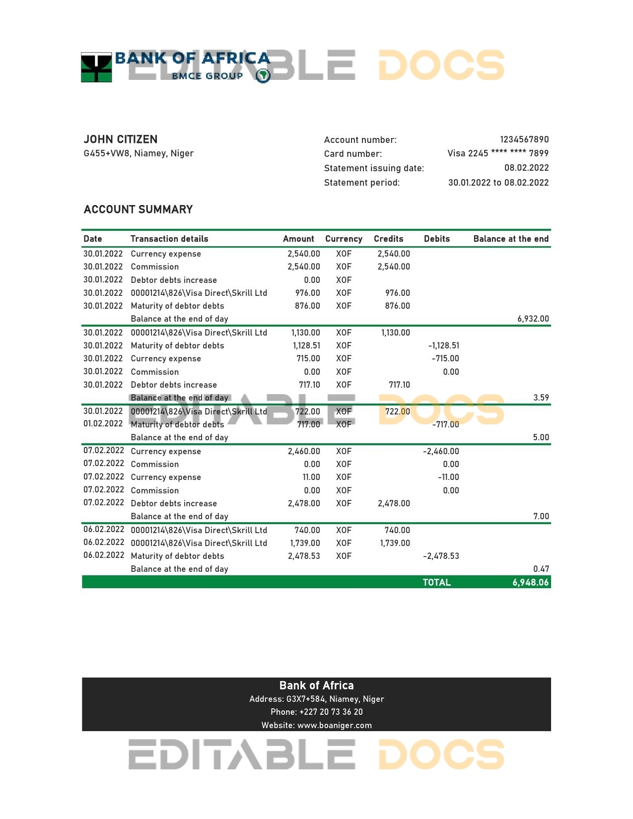 Niger Bank of Africa bank statement Excel and PDF template