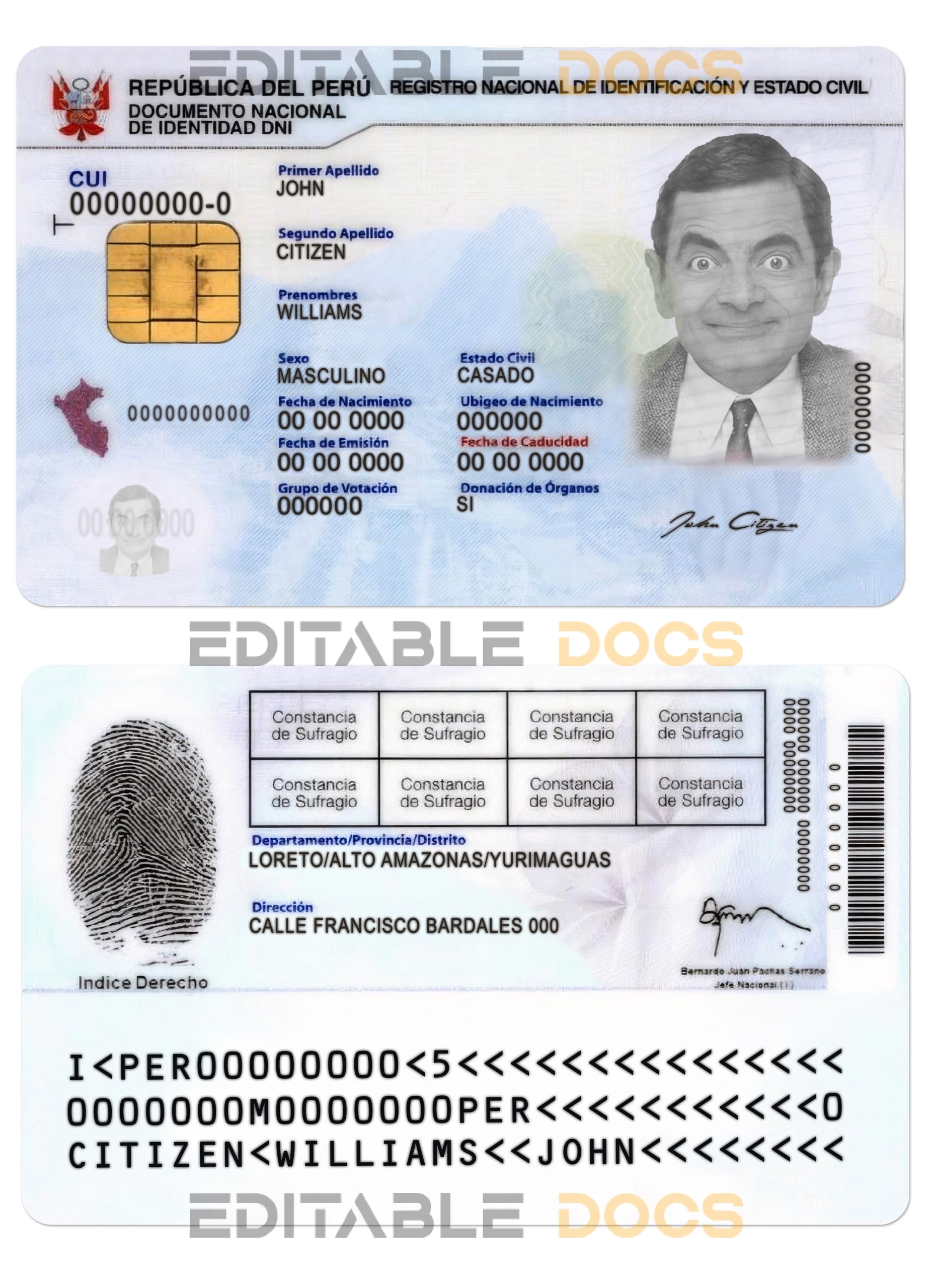 Peru identity card PSD template, with fonts
