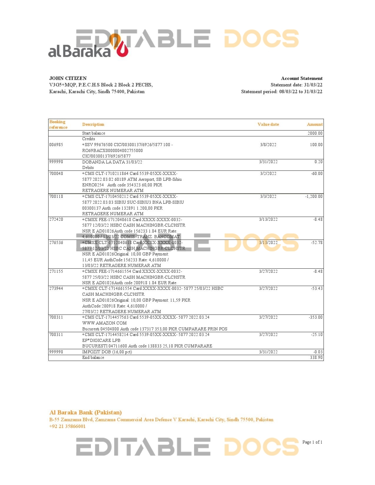 Pakistan Al Baraka bank statement Excel and PDF template