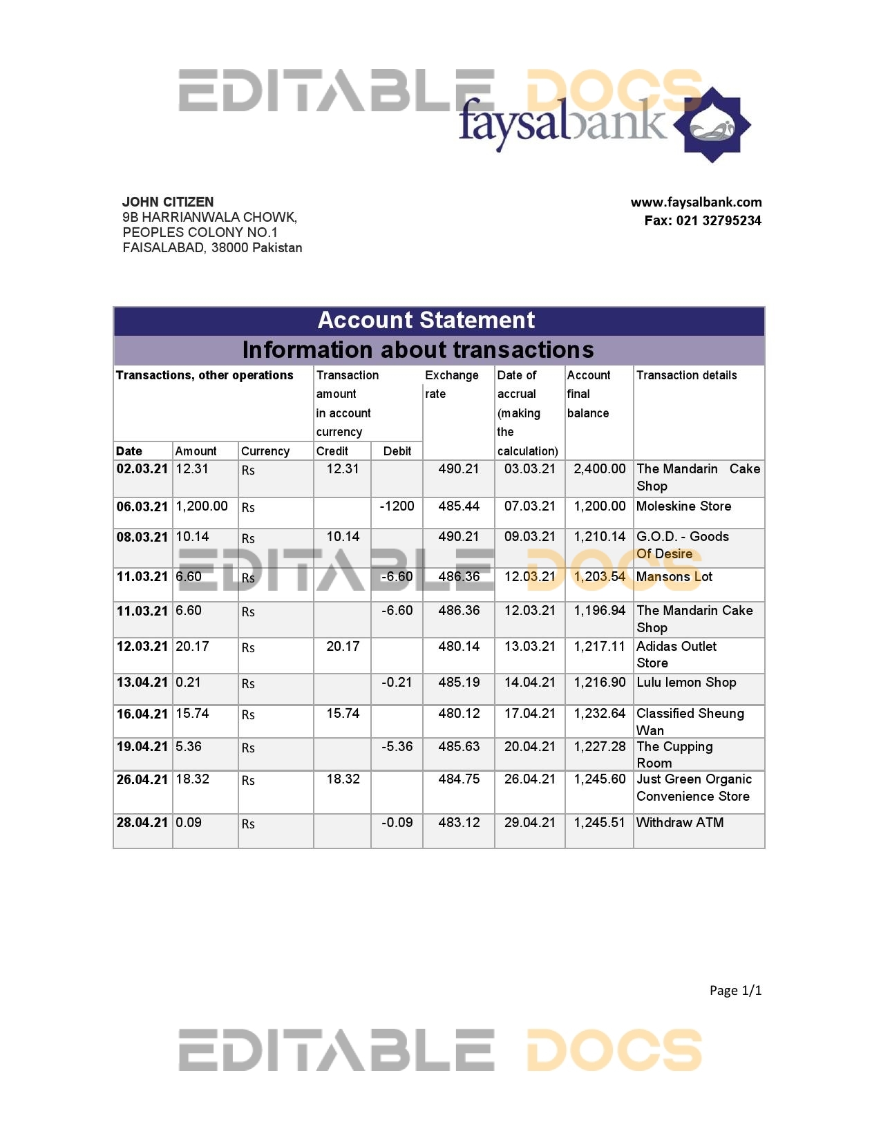 Pakistan Faysal Bank statement easy to fill template in .xls and .pdf file format