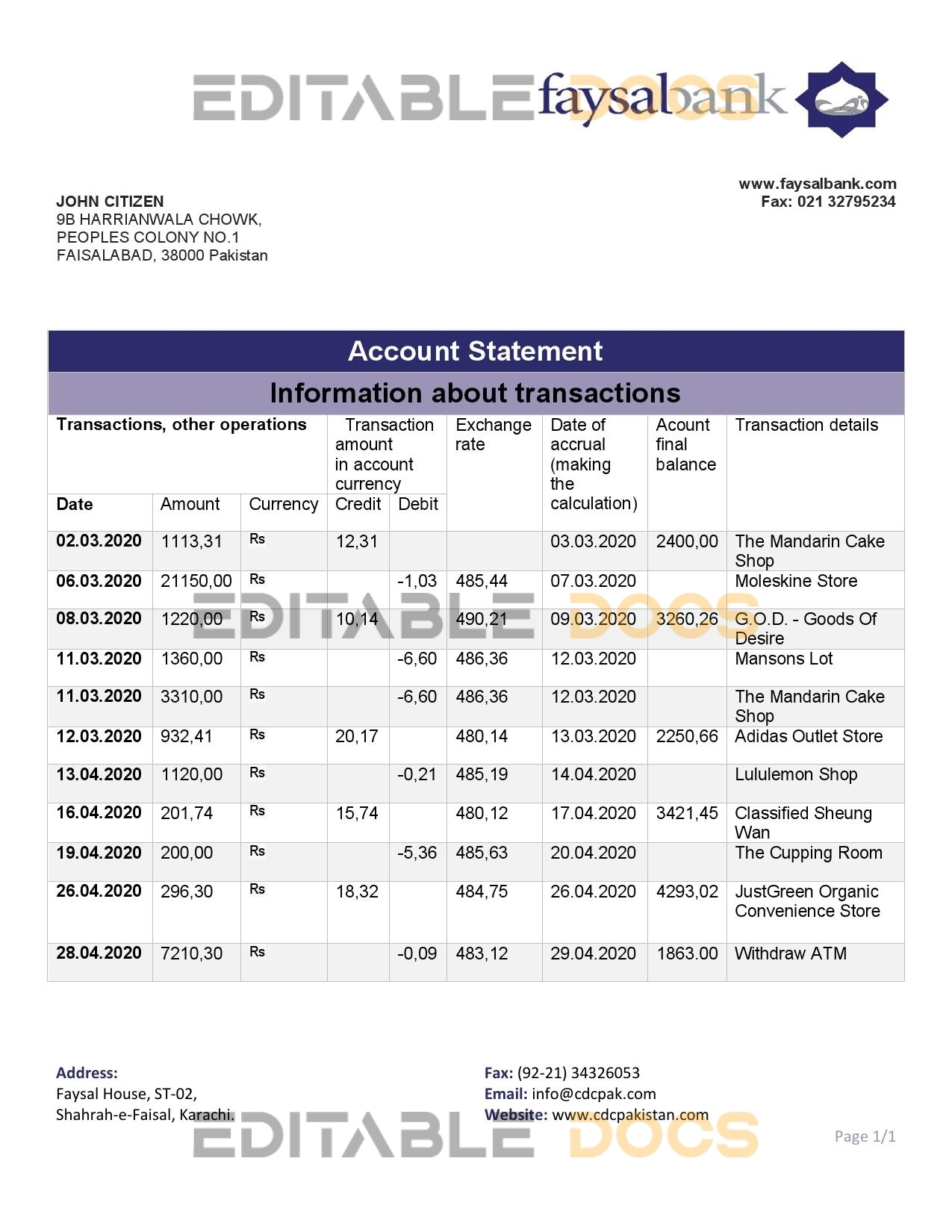 Pakistan Faysal bank statement template in Word and PDF format