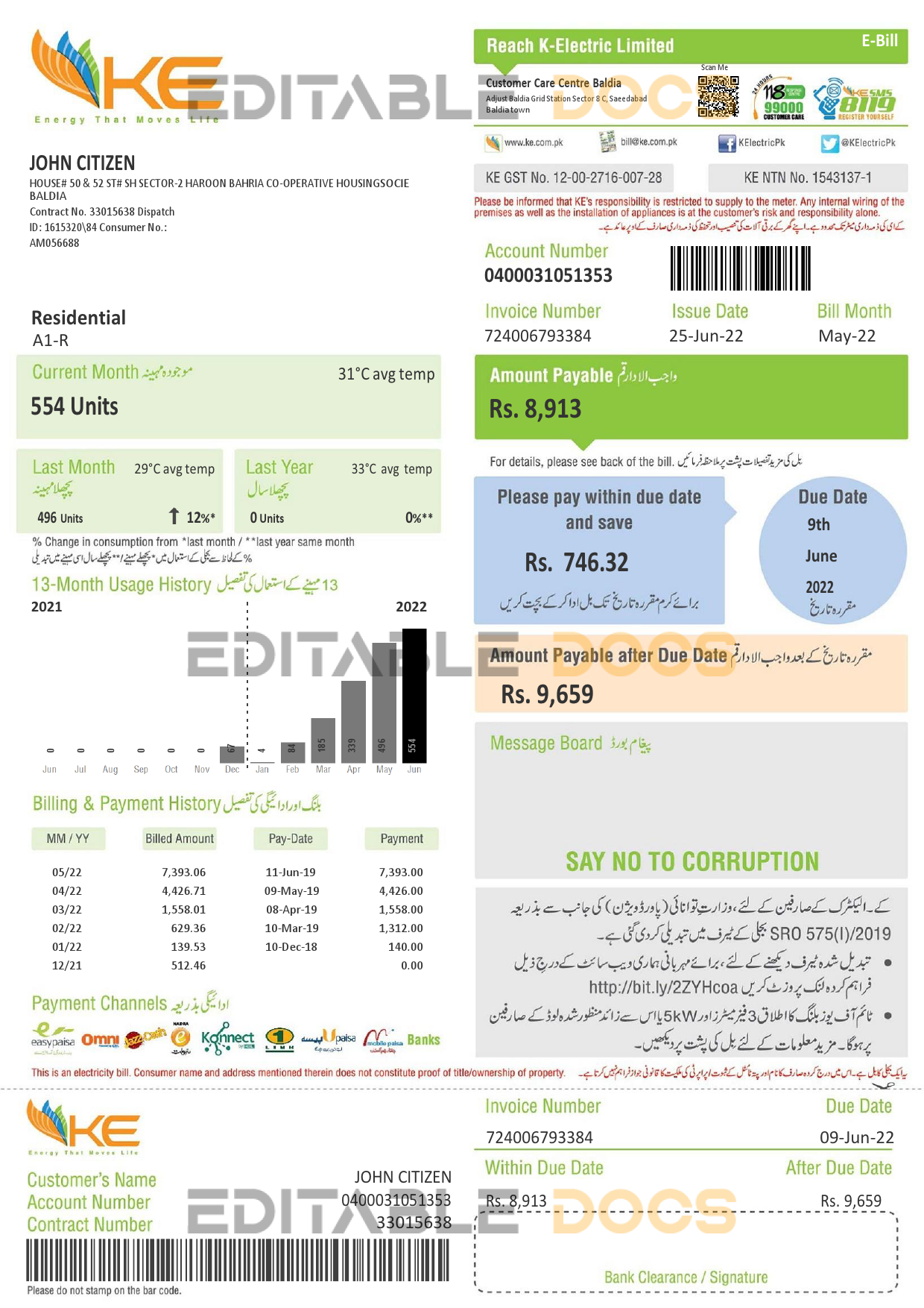 Pakistan KE Electricity bill template in Word and PDF format, 2 pages