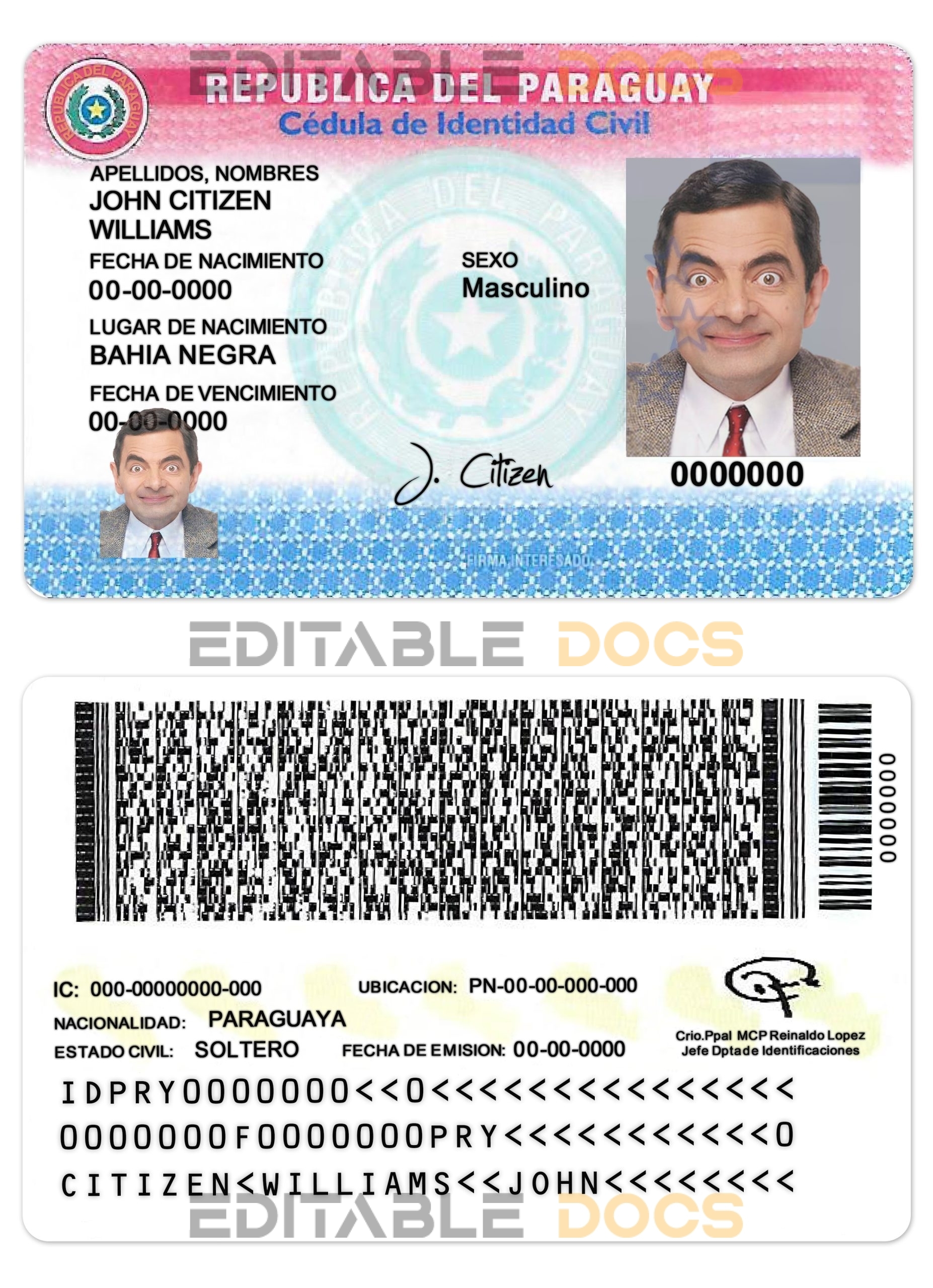 Paraguay ID card PSD template, completely editable