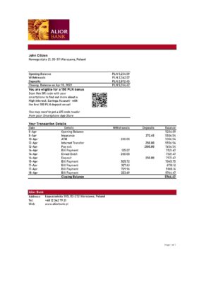 Poland Alior bank statement Excel and PDF template