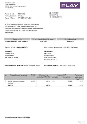 Poland Play utility bill template in Word and PDF format
