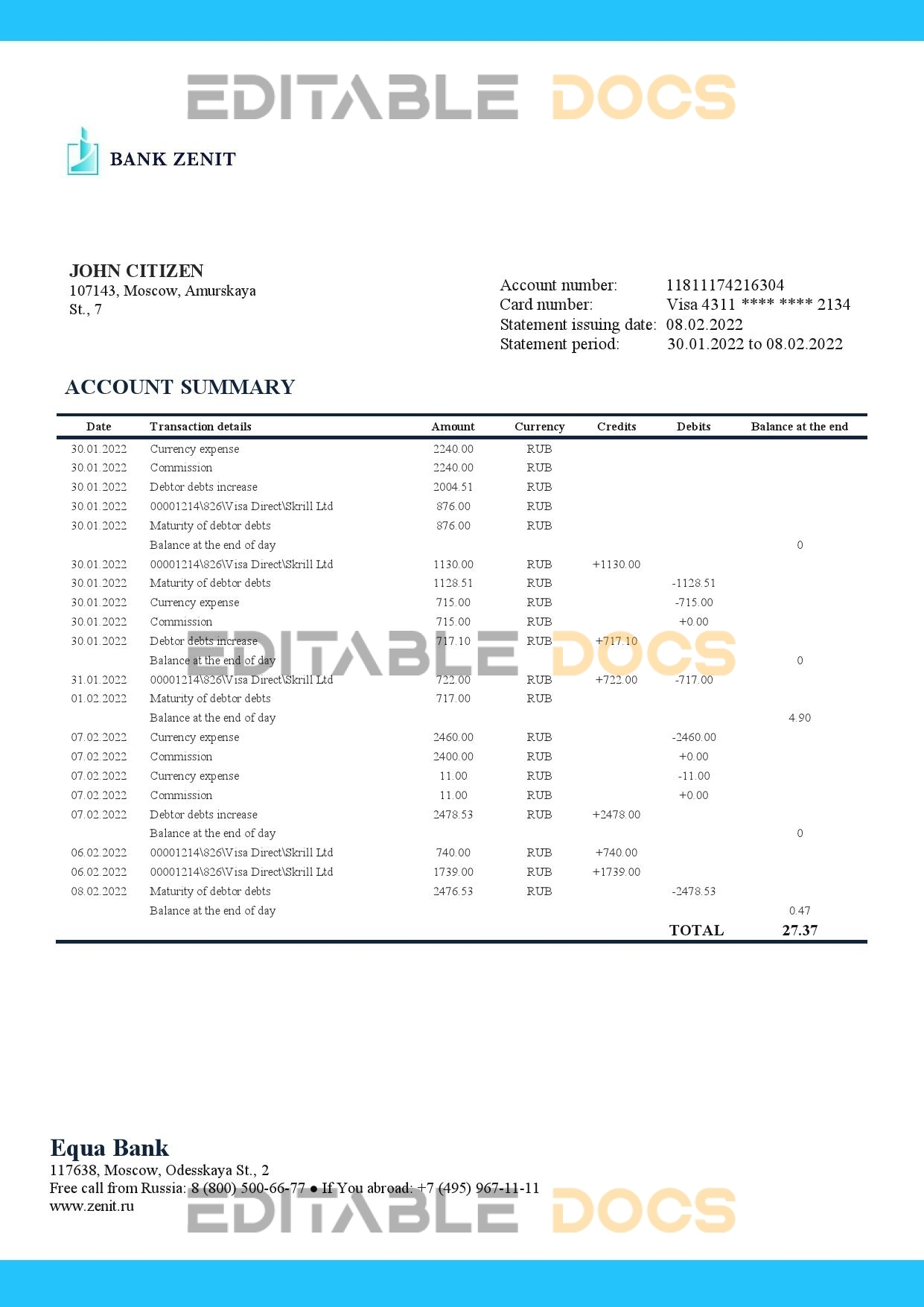 Russia Zenit Bank bank proof of address statement template in Word and PDF format