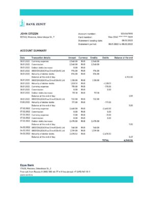 Russia Editable Templates 7 Russia Zenit bank statement, Excel and PDF template
