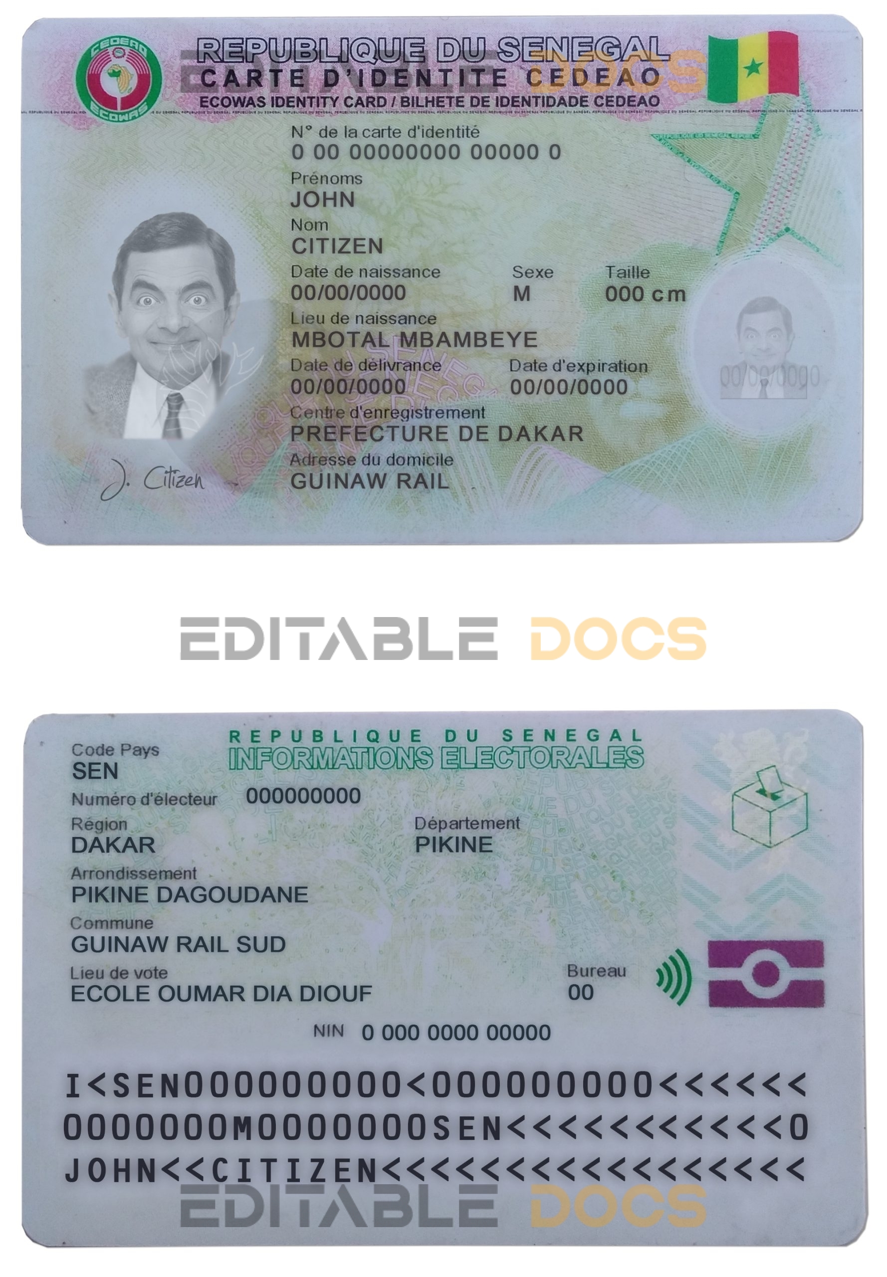 Senegal ID template in PSD format, fully editable