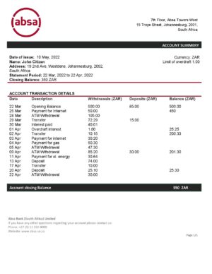 South Africa ABSA bank statement template in Word and PDF format