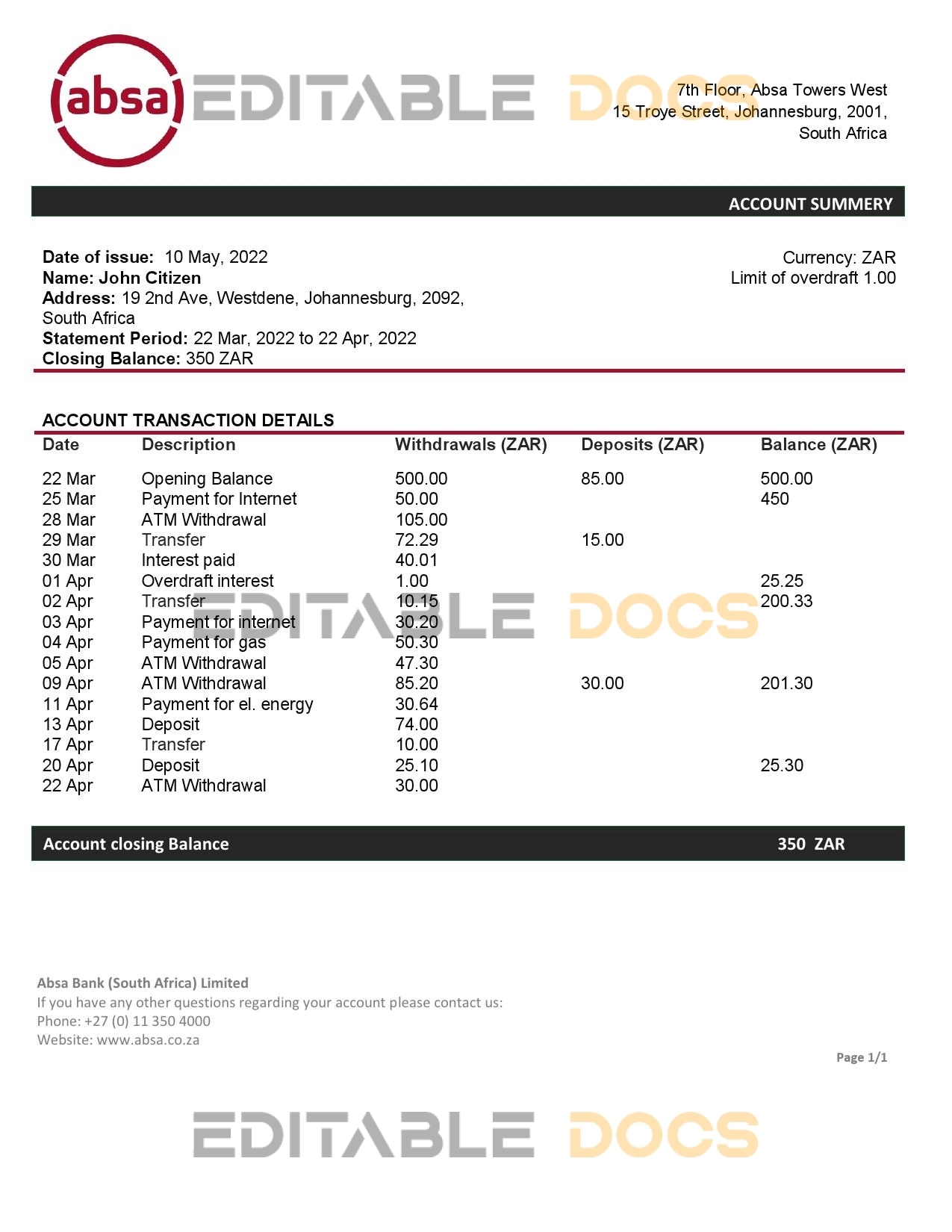 South Africa ABSA bank statement template in Word and PDF format