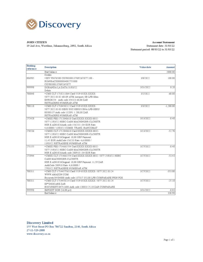 South Africa Discovery bank statement, Excel and PDF template