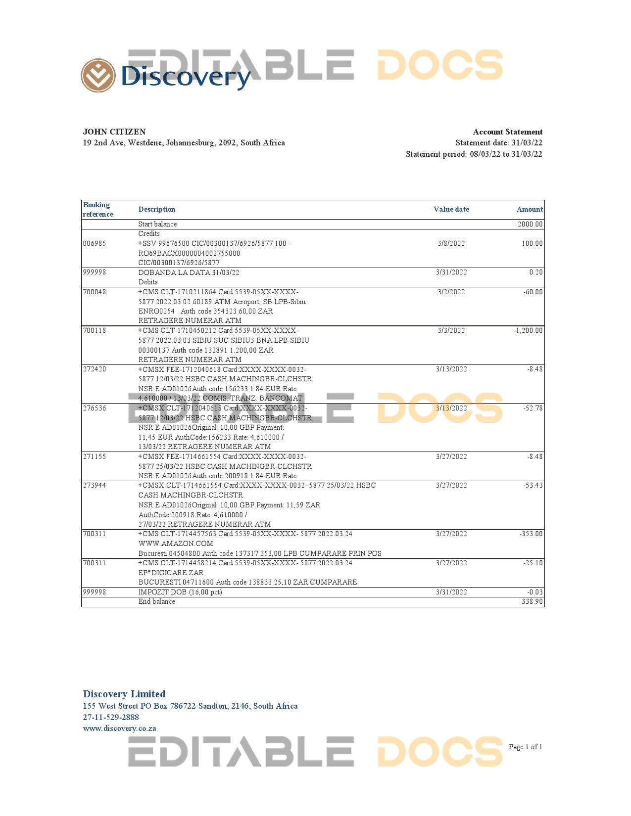 South Africa Discovery bank statement, Excel and PDF template