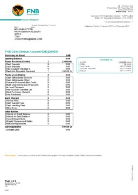 Africa Editable Docs 2 South Africa First National Bank FNB bank statement Word and PDF template 2 pages 1