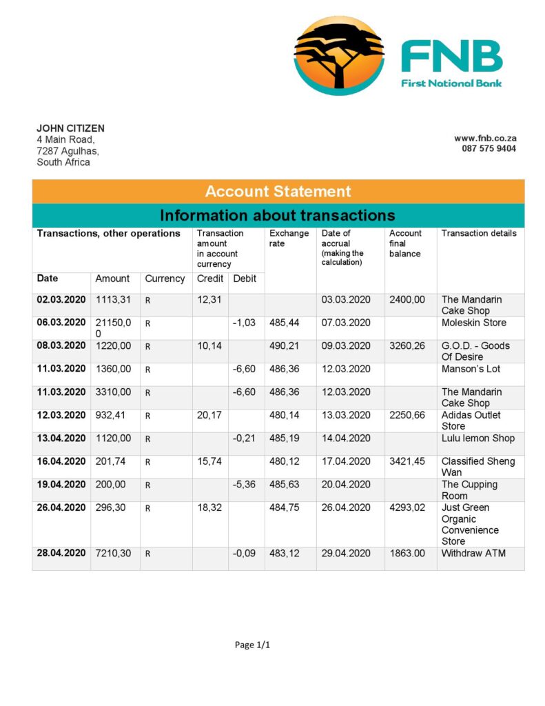 South Africa First National Bank (FNB) proof of address statement