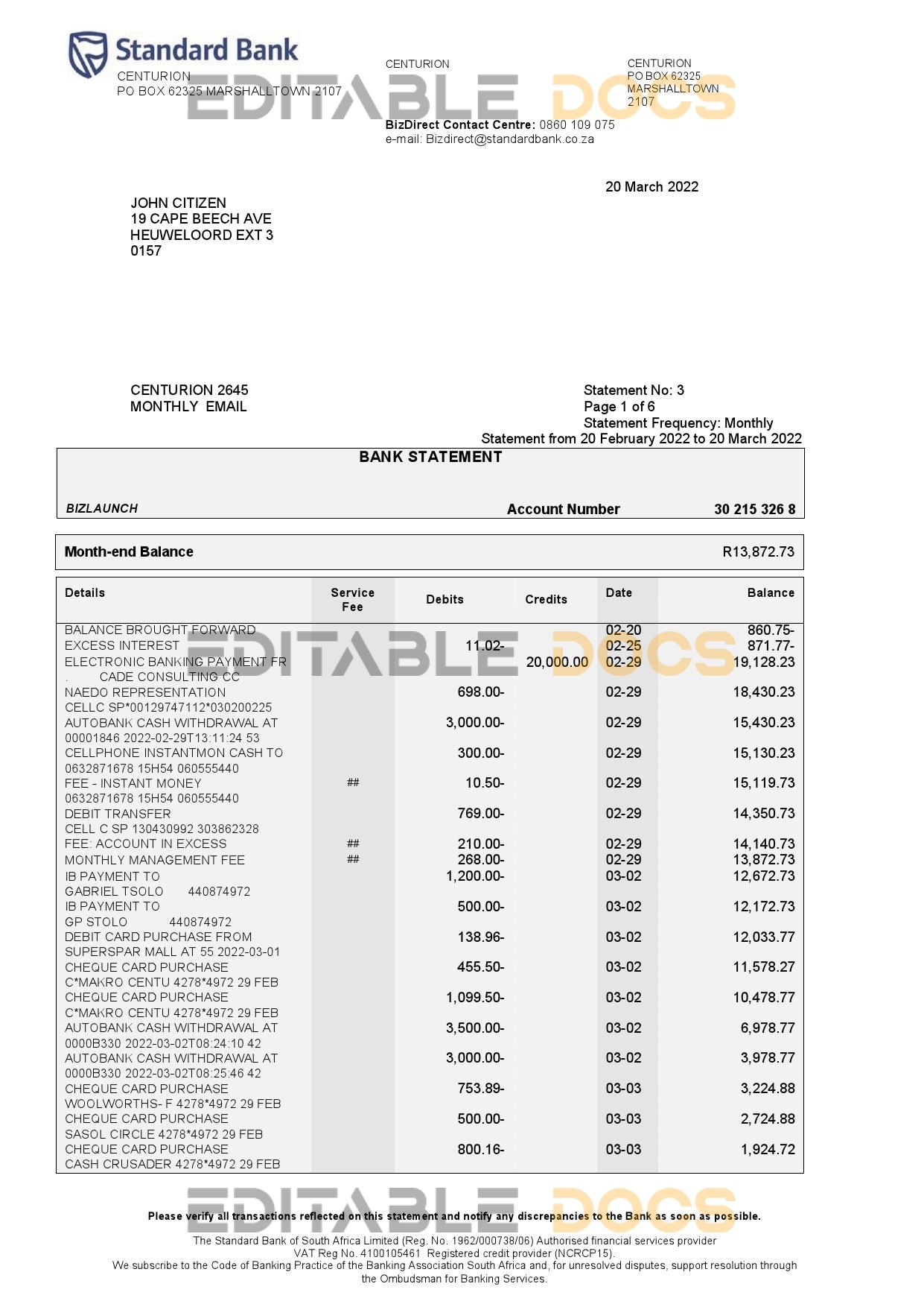 South Africa Standard bank statement, Word and PDF template, 6 pages