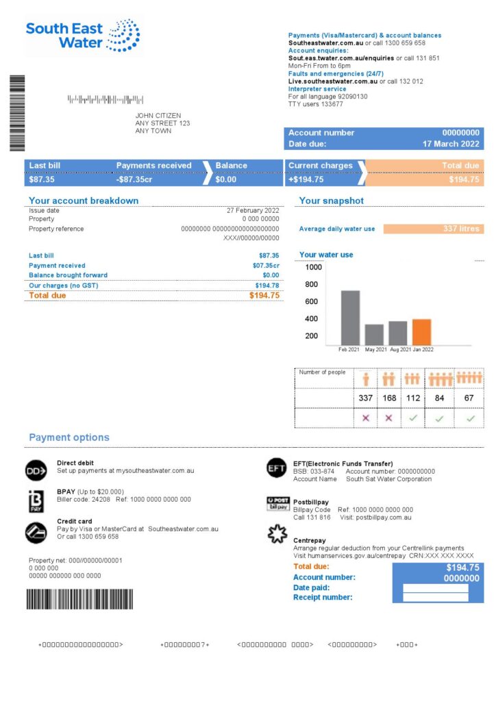 Australia South East Water utility bill template in Word and PDF format