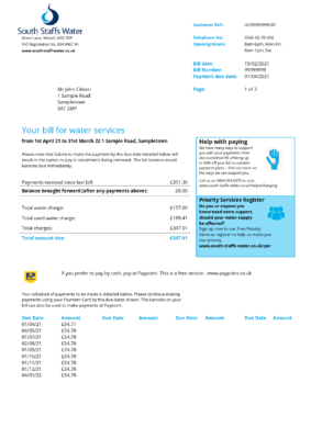 England Editable Templates 7 United Kingdom South Staffs Water utility bill template in Word and PDF format, 2 pages