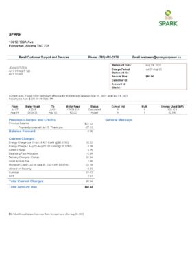 Canada Alberta Spark utility bill template in Word and PDF format