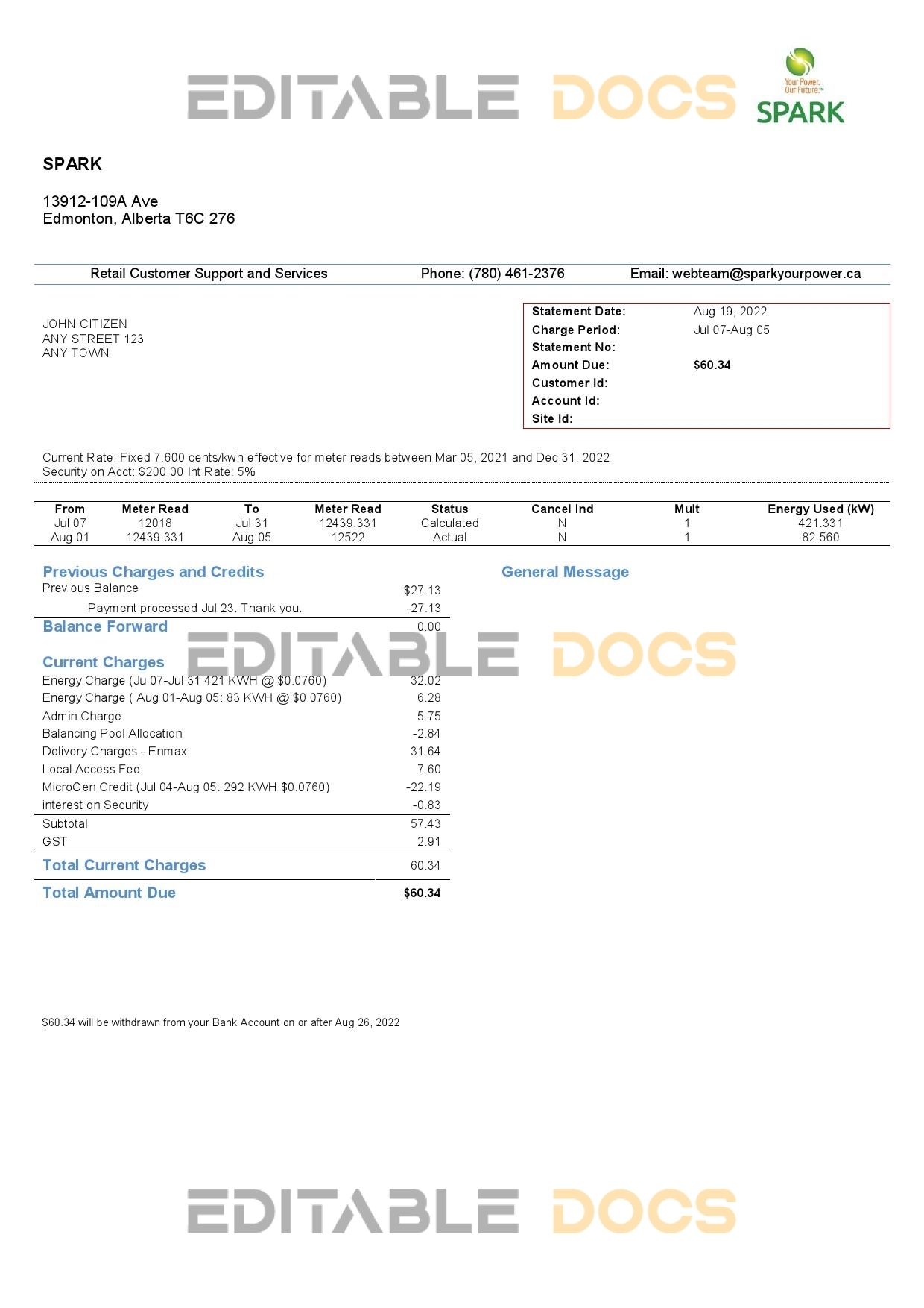 Canada Alberta Spark utility bill template in Word and PDF format
