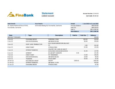 Suriname Finabank bank statement, Excel and PDF template